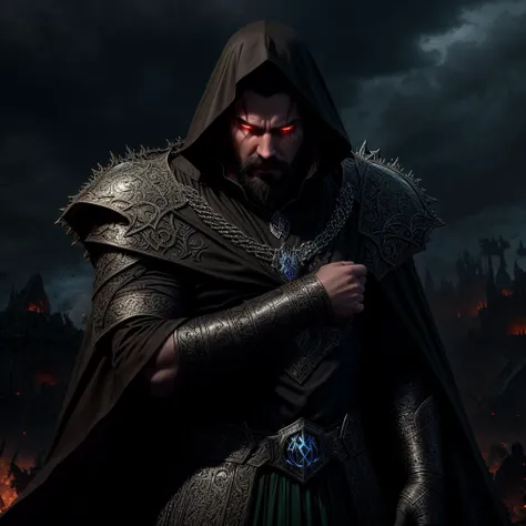 evil necromancer conjures and summons his army, (young man 30 years old with small beard), green glowing eyes, magician conjures and uses magic, a man dressed in a dark caftan with a cloak and fur shoulder pads, (upper body), disdain, angry, hyper detailed face, black and blue rich aristocratic suit, ruined fallen citadel on the background, <lora:add_detail:0.6>, magical lights in the hands, extra detailed art, world of victorious evil, the dark evil army goes on the assault, <lora:LowRA:0.35>, artstation realistic winning award art by professional concept artists, <lora:GothicHorrorAI:0.2>, realistic shot, realistic face, skin pores, realistic art, <lora:NecromancyAI:0.2>