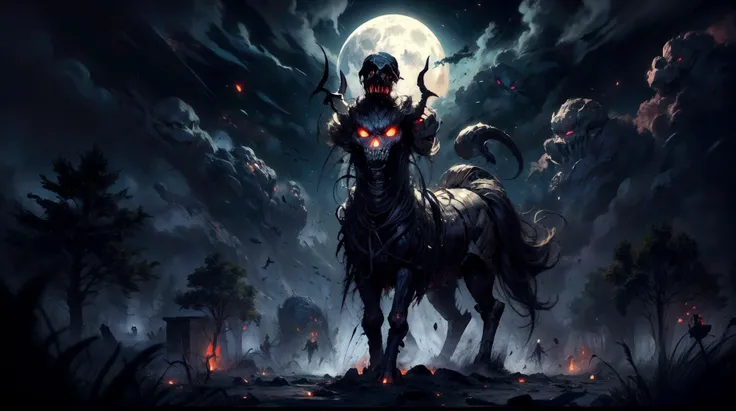 (masterpiece, best quality, fullscreen), [(full body:0.1)::0.2] (photo of a giant death [magical being:creature|zombie|skeleton|ghoul}:0.6]:1.3), (Retro Amorphous body with Crustacean head and with several Hoofed:1.1), (wearing dark ragged Mystic Mantle:1.3), (look at the viewer), <lora:EFFECT NecromancyAI:0.3> necromancyai, <lora:EFFECT BoneyardAI:0.3> boneyardai, (background old medieval battlefield full of bodies with Swirling black ink clouds and the full moon in the sky:1.1), (Shadow Play lighting:1), <lora:EFFECT Gloomifier_V2_TheGlow:0>, <lora:MONSTER Critters:0.8> Critters, , <lora:LIGHT epi_noiseoffset2:0.2>, <lora:QUALITY kkw-better-v1.0a:0>, <lora:QUALITY add_detail:0.8>, (Full body Shot, Shallow Focus Shot, Low Angle Shot:[1.2:0.5:0.1]), heavily detailed, (asymmetric composition:1.5), (sharp focus), <lora:EFFECT Magic card fakemtg_label:0> fakemtg, extremely detailed, 4k, trending on artstation, oil painting brush, deep focus, D&D, fantasy style, highly detailed, digital painting, ever after high, octane render, Matte Painting, dark illustration, soft lighting