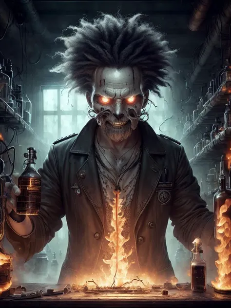 (extremely detailed CG unity 8k wallpaper, hasselblad award winner), detailed full-length photo of a (mad 40 years old man), Soviet scientist conducts a ((crazy experiment)), <lora:NecromancyAI:1> NecromancyAI, stands in a futuristic laboratory, disdain and angry, serious look, bloody experiment, ((crazy scientist with crazy eyes)), (close up), ((evil grin)), electricity everywhere, cinematic lighting, ambient soft lighting, dramatic lighting, diffused soft lighting, ((the horrific consequences) of the experiment around), elite, rich, highly detailed, intricate, small breasts, 8k HD, full body 8k render, photorealistic digital art trending on Artstation 8k HD high definition detailed realistic, masterpiece, high quality, sharp focus, hdr, cinema shot, trending on ArtStation, Intricate, High Detail, Sharp focus, dramatic, photorealistic painting art by midjourney