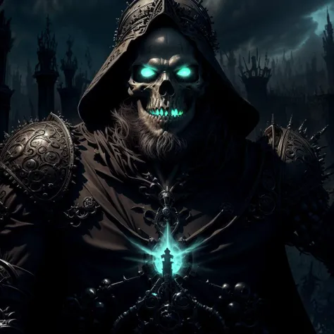necromancer conjures and summons skeletons, (young man 30 years old with small beard), green glowing eyes, magician conjures and uses magic, <lora:NecromancyAI:0.5>, a man dressed in a dark caftan with a cloak and fur shoulder pads, (upper body), ((close up)), hyper detailed face, black and blue rich aristocratic suit, ruined fallen citadel on the background, <lora:add_detail:0.6>, extra detailed art, world of victorious evil, the army of skeletons goes on the assault, <lora:LowRA:0.2>, <lora:GothicHorrorAI:0.6>, artstation realistic winning award art by professional concept artists, realistic shot, realistic face, skin pores, realistic art