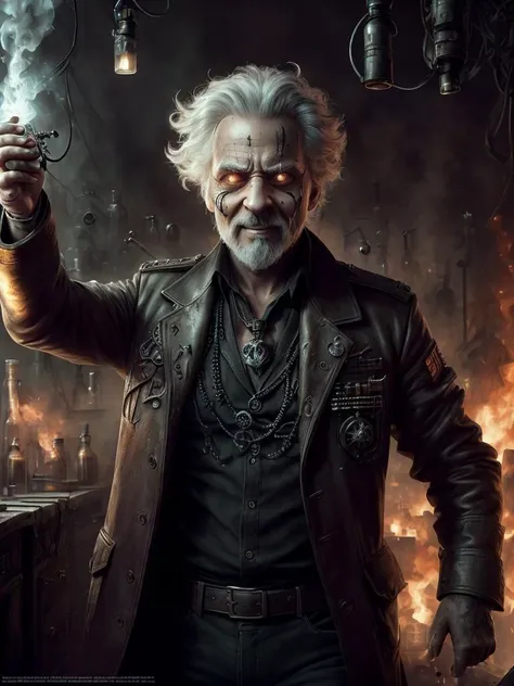 (extremely detailed CG unity 8k wallpaper, hasselblad award winner), detailed full-length photo of a (mad 40 years old man), Soviet scientist conducts a ((crazy experiment)), <lora:NecromancyAI:1> NecromancyAI, stands in a futuristic laboratory, disdain and angry, serious look, bloody experiment, ((crazy scientist with crazy eyes)), (close up), ((evil grin)), electricity everywhere, cinematic lighting, ambient soft lighting, dramatic lighting, diffused soft lighting, ((the horrific consequences) of the experiment around), elite, rich, highly detailed, intricate, small breasts, 8k HD, full body 8k render, photorealistic digital art trending on Artstation 8k HD high definition detailed realistic, masterpiece, high quality, sharp focus, hdr, cinema shot, trending on ArtStation, Intricate, High Detail, Sharp focus, dramatic, photorealistic painting art by midjourney