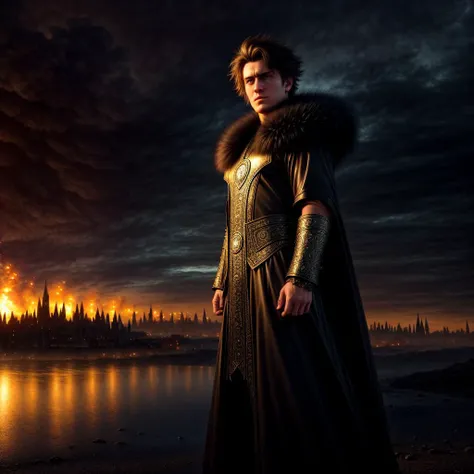 young dark magician in an elegant black caftan and a heavy fur coat, (dark coat and suit:1.2), 20 year old man with light bristles, <lora:NecromancyAI:1>, (upper body:1.4), mage-commander of the army of Darkness, close up, the commander stands on the ruins of the captured city, destroyed war-torn citadel on background, (all in fire and blood), disdain, angry, tired, looking at camera, skin pores, (gloomy evening), evil army on background, highly detailed, 8k HD, photorealistic digital art trending on Artstation 8k HD high definition detailed realistic, masterpiece, high quality, sharp focus, hdr, cinema shot, trending on ArtStation, Intricate, High Detail, Sharp focus, dramatic, photorealistic painting art by midjourney, <lora:add_detail:1>