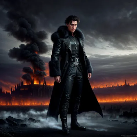 young dark magician in an elegant black caftan and a heavy fur coat, (dark coat and suit:1.2), 20 year old man with light bristles, <lora:NecromancyAI:1>, (upper body:1.4), realistic environment, mage-commander of the army of Darkness, close up, the commander stands on the ruins of the captured city, destroyed war-torn citadel on background, (all in fire and blood), disdain, angry, tired, looking at camera, skin pores, (gloomy evening), evil army on background, highly detailed, 8k HD, photorealistic digital art trending on Artstation 8k HD high definition detailed realistic, masterpiece, high quality, sharp focus, hdr, cinema shot, trending on ArtStation, Intricate, High Detail, Sharp focus, dramatic, photorealistic painting art by midjourney