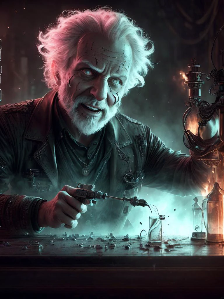 (extremely detailed CG unity 8k wallpaper, hasselblad award winner), detailed full-length photo of a (mad 40 years old man), Soviet scientist conducts a ((crazy experiment)), <lora:NecromancyAI:1> NecromancyAI, stands in a futuristic laboratory, disdain and angry, serious look, bloody experiment, ((crazy scientist with crazy eyes)), (close up), ((evil grin)), electricity everywhere, cinematic lighting, ambient soft lighting, dramatic lighting, diffused soft lighting, ((the horrific consequences) of the experiment around), elite, rich, highly detailed, intricate, small breasts, 8k HD, full body 8k render, photorealistic digital art trending on Artstation 8k HD high definition detailed realistic, masterpiece, high quality, sharp focus, hdr, cinema shot, trending on ArtStation, Intricate, High Detail, Sharp focus, dramatic, photorealistic painting art by midjourney