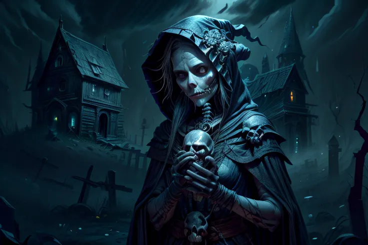(best quality:1.1), hdr, realistic, masterpiece, high resolution, hyperdetailed, perfect details, concept art, cinematic, dark, horror, gothic, night, starry sky, fog, ruined building, old hut, (1girl, a beautiful witch woman, a necromancer woman:1.3), NecromancyAI, evil grin, fangs from the mouth, pale skin, black liquid from the mouth and eyes, big eyes, completely black eyes, crazy smile, hood on the head, long tattered dress, unnatural posture , long claws on the fingers, black hands, black charred legs, holds a red apple in the hands, skinny body, small chest, around the bone and skull, spiderweb <lora:add_detail:1.0>, <lora:epi_noiseoffset2:1.0>, <lora:NecromancyAI:0.9>, Style-Necromancy