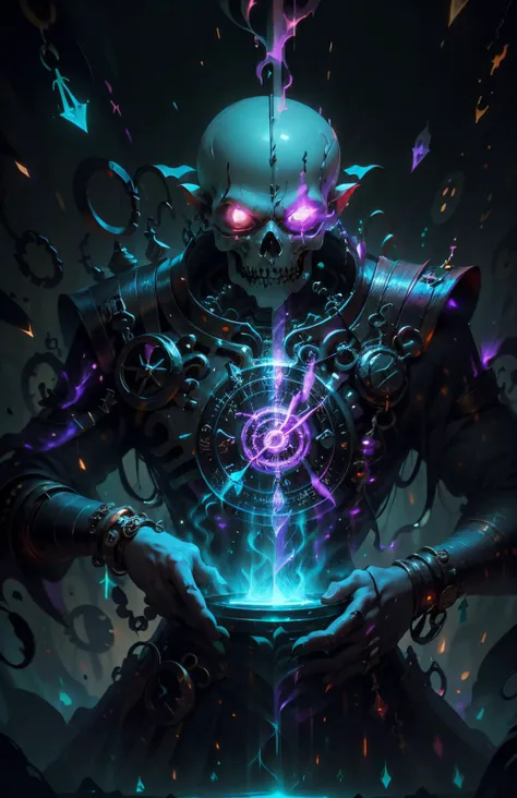 undead necromancer manipulating time magic, evil spells, time flow, necrotic,ChronomancyAI,NecromancyAI <lora:ChronomancyAI:0.8> <lora:NecromancyAI:0.4> <lora:NijiExpressV2:0.6> fcPortrait