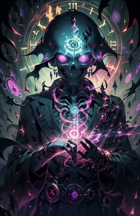 undead necromancer manipulating time magic, evil spells, time flow, necrotic,ChronomancyAI,NecromancyAI <lora:ChronomancyAI:0.8> <lora:NecromancyAI:0.4> <lora:NijiExpressV2:0.6> fcPortrait