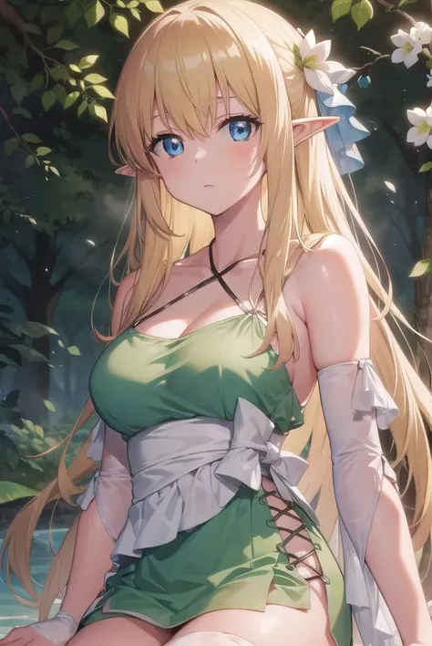 tiffaniawestwood, <lora:tiffaniawestwoodtest:1>,
tiffania westwood, blonde hair, blue eyes, elf, long hair, pointy ears,
BREAK dress, green dress, halter dress, halterneck, sandals, thighhighs, toeless legwear, white thighhighs,
BREAK looking at viewer,
BREAK outdoors, forest,
BREAK <lora:GoodHands-vanilla:1>, (masterpiece:1.2), best quality, high resolution, unity 8k wallpaper, (illustration:0.8), (beautiful detailed eyes:1.6), extremely detailed face, perfect lighting, extremely detailed CG, (perfect hands, perfect anatomy),