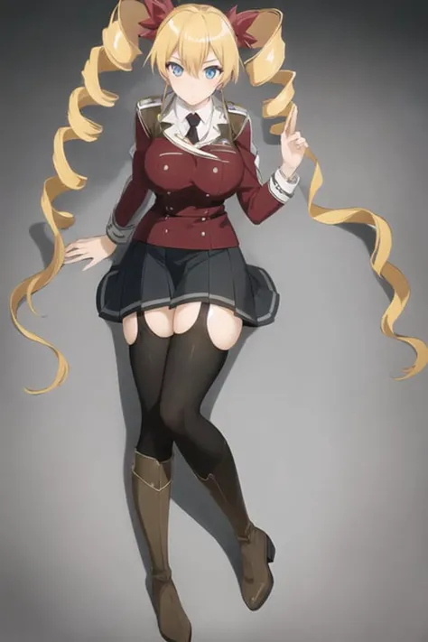 Claire Harvey, drill hair, thighhighs, twin drills, garter straps, boots, long hair, blonde hair, school uniform, zettai ryouiki, (full body:1.3), <lora:Claire_Harvey-10:0.8>