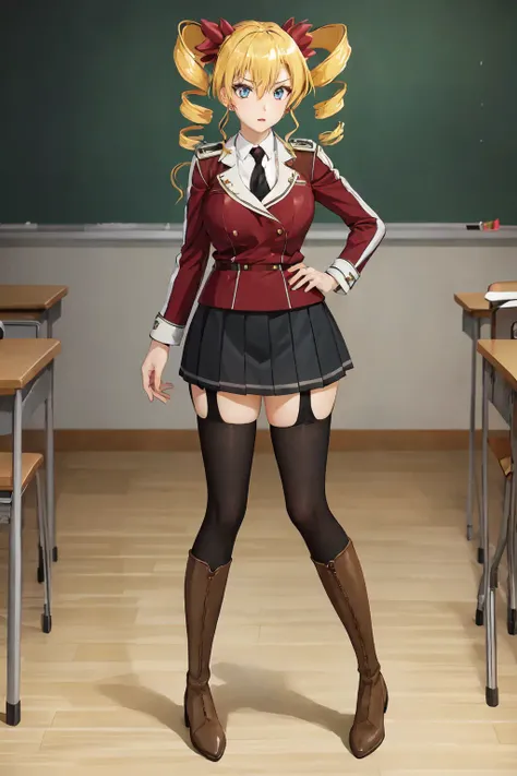 Claire Harvey, drill hair, thighhighs, twin drills, garter straps, boots, long hair, blonde hair, school uniform, zettai ryouiki, (full body:1.3), <lora:Claire_Harvey-10:0.8>, classroom,
