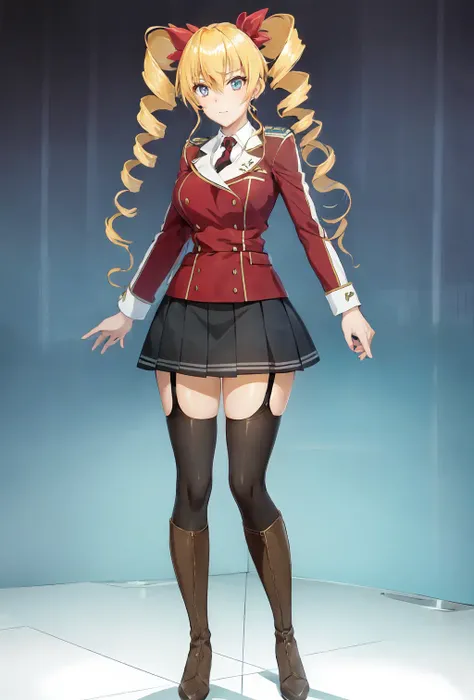 Claire Harvey, drill hair, thighhighs, twin drills, garter straps, boots, long hair, blonde hair, school uniform, zettai ryouiki, (full body:1.3),  <lora:Claire_Harvey-06:0.8>
