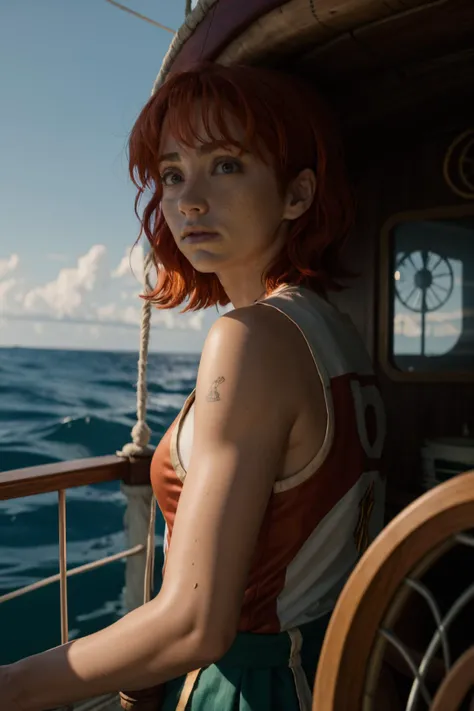 emilyrudd, nami, a woman with red hair on a wooden boat <lora:emilyrudd2:1>