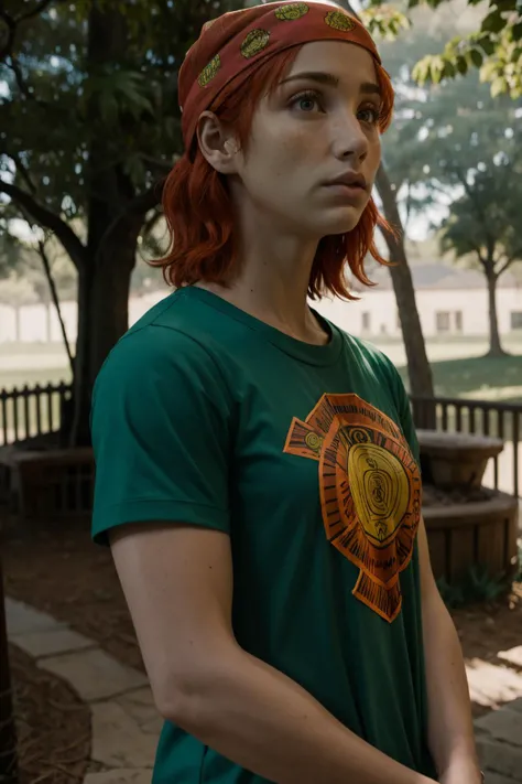 Hot girl. Realistic minecraft. Orange hair. Torn clothes. Green shirt. Brown pants. 