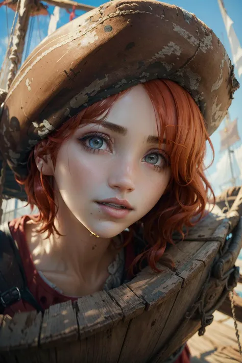 portrait of emilyrudd, nami, a woman, redhead, short red hair, in a pirate ship, <lora:emilyrudd:1>