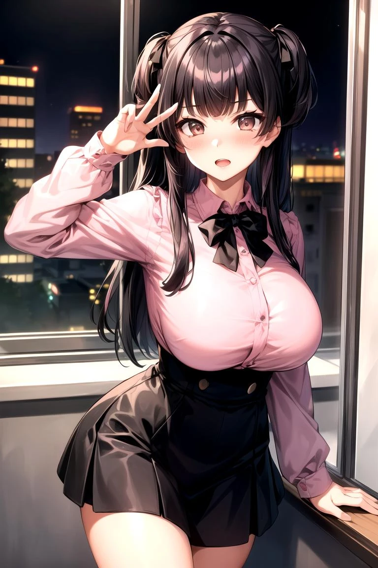 ((night:1.5)),(indoors), (very detailed background), before window
((standing:1.5)),facing viewer, dynamic angle,
fuyuko mayuzumi, black hair, (brown eyes:1.5), long hair, two side up,
((black bow, black bowtie, black ribbon, black skirt, bow, bowtie, frilled shirt, frills, jirai kei, long sleeves, neck ribbon, (pink shirt:1.5), ribbon, shirt, high waist skirt,)),
1girl, solo, (30 years old:1.5),Beautiful Finger,Beautiful long legs,Beautiful body,Beautiful Nose, perfect eyes, perfect face,(beautiful detailed aqua eyes),((mature)),((mature female:1.1)),((milf:1.1)),make up,parted lips,(shiny skin:1.1),(perfect female body:1.2),(gorgeous detailed skin),(detailed hair),
looking at viewer,open mouth, blush,
ray_tracing,intricate details,depth of field, extremely delicate and beautiful, soft lightning,
(Beautiful,large breasts:1.4), (beautiful_face:1.5), huge ass,(narrow_waist),thick thighs,