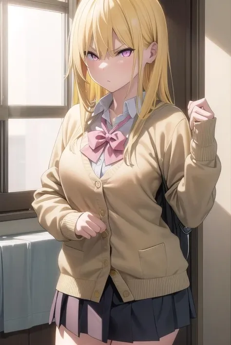 gyaruharuka, gyaru haruka, long hair, bangs, blonde hair, (yellow hair:1.5), (pink eyes:1.5), earrings, mole, mole under mouth,
BREAK skirt, shirt, bow, school uniform, white shirt, pleated skirt, open clothes, socks, collared shirt, bowtie, black skirt, red bow, cardigan, black socks, red bowtie, light brown cardigan,
BREAK indoors, classroom,
BREAK looking at viewer,
BREAK (masterpiece:1.2), best quality, high resolution, unity 8k wallpaper, (illustration:0.8), (beautiful detailed eyes:1.6), extremely detailed face, perfect lighting, extremely detailed CG, (perfect hands, perfect anatomy),