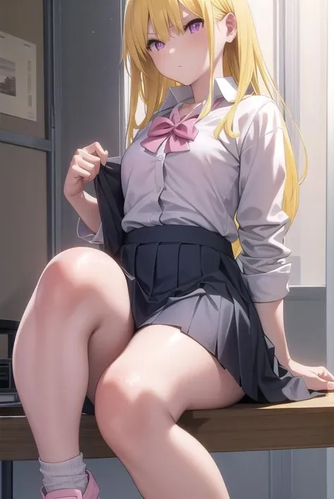 gyaruharuka, <lora:gyaruharuka-lora-nochekaiser:1>,
gyaru haruka, long hair, bangs, blonde hair, (yellow hair:1.5), (pink eyes:1.5), earrings, mole, mole under mouth,
BREAK skirt, shirt, bow, school uniform, white shirt, pleated skirt, open clothes, socks, collared shirt, bowtie, black skirt, red bow, cardigan, black socks, red bowtie, brown cardigan,
BREAK indoors, classroom,
BREAK looking at viewer,
BREAK <lyco:GoodHands-beta2:1>, (masterpiece:1.2), best quality, high resolution, unity 8k wallpaper, (illustration:0.8), (beautiful detailed eyes:1.6), extremely detailed face, perfect lighting, extremely detailed CG, (perfect hands, perfect anatomy),