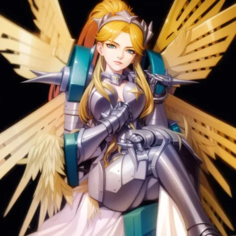1girl, mature female, masterpiece, mistress, goddess,sitting,crossed legs,armor,blonde hair,wings