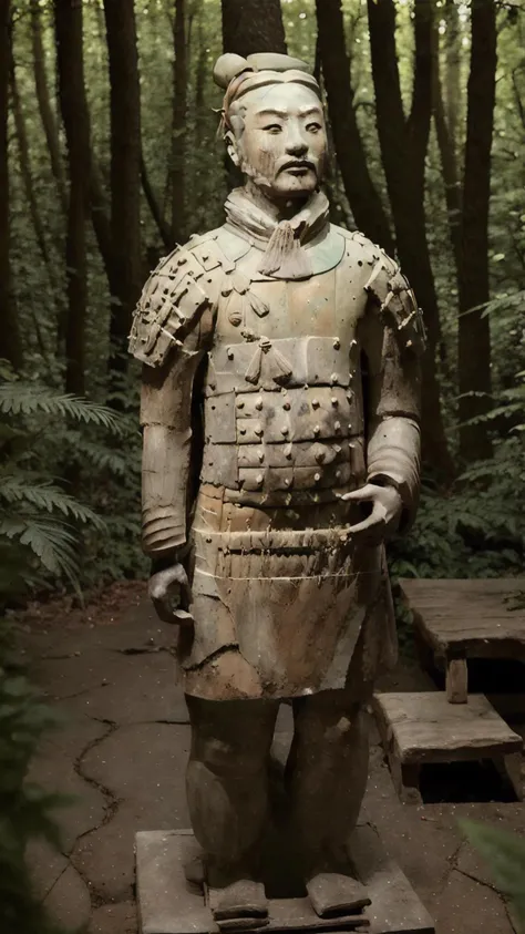 pinren,armor,realistic,male focus,facial hair,Single hair bun,<lora:pingmayoug-000007:1>,(forest background:1.4),full body,looking at viewer,facing straight ahead,