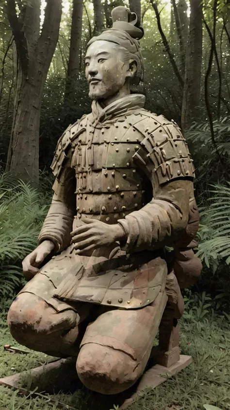pinren,armor,realistic,male focus,facial hair,kneel on one knee,Single hair bun,<lora:pingmayoug-000007:1>,(forest background:1.4),full body,looking at viewer,facing straight ahead,