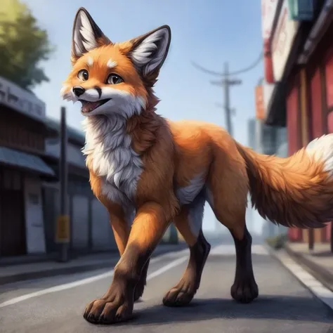 best quality, high quality, hi res, by hioshiru,by tsukune minaga,japanese city,public,detailed background, detailed fur, (solo:1.2),
BREAK
((a male feral fox)), walking down the street,cute expression, <lora:add_detail:1.0>