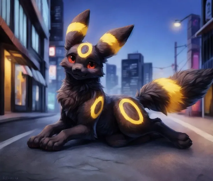 best quality, high quality, hi res, city,public,detailed background, detailed fur, BREAK ((a male feral umbreon)), on side,cute expression,, by fluff-kevlar, by Zackary911, by Kenket, by Kilinah, by fluff-kevlar,
