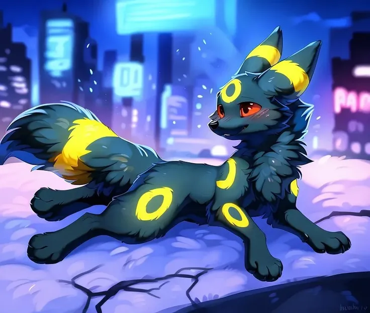 best quality, high quality, hi res, by hioshiru,by by tsukune minaga,city,public,detailed background, detailed fur,
BREAK
((a male feral umbreon)), on side,cute expression,