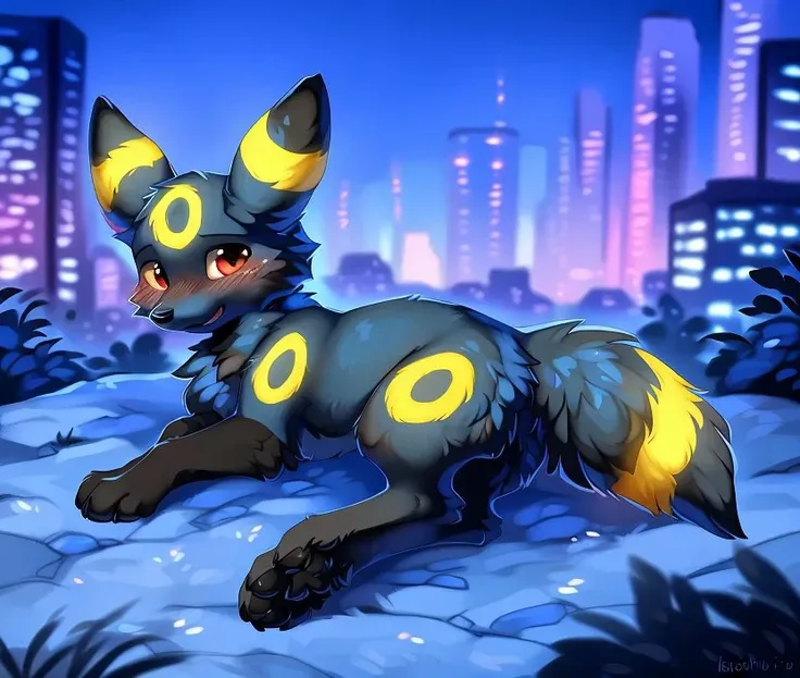 best quality, high quality, hi res, by hioshiru,by by tsukune minaga,city,public,detailed background, detailed fur,
BREAK
((a male feral umbreon)), on side,cute expression,