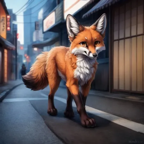 best quality, high quality, hi res, by hioshiru,by tsukune minaga,japanese city,public,detailed background, detailed fur, (solo:1.2),
BREAK
((a male feral fox)), walking down the street,cute expression, <lora:add_detail:1.0>
