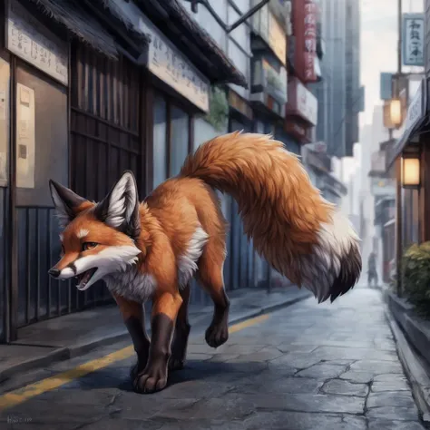 best quality, high quality, hi res, by hioshiru,by tsukune minaga,japanese city,public,detailed background, detailed fur, (solo:1.2),
BREAK
((a male feral fox)), walking down the street,cute expression, <lora:add_detail:1.0>