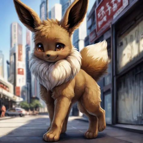 best quality, high quality, hi res, by hioshiru,by tsukune minaga,japanese city,public,detailed background, detailed fur, (solo:1.2),
BREAK
((a male feral eevee)), walking down the street,cute expression, <lora:add_detail:1.0>