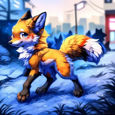 best quality, high quality, hi res, by hioshiru,by tsukune minaga,japanese city,public,detailed background, detailed fur, (solo:1.2),
BREAK
((a male feral fox)), walking down the street,cute expression, <lora:add_detail:1.0>