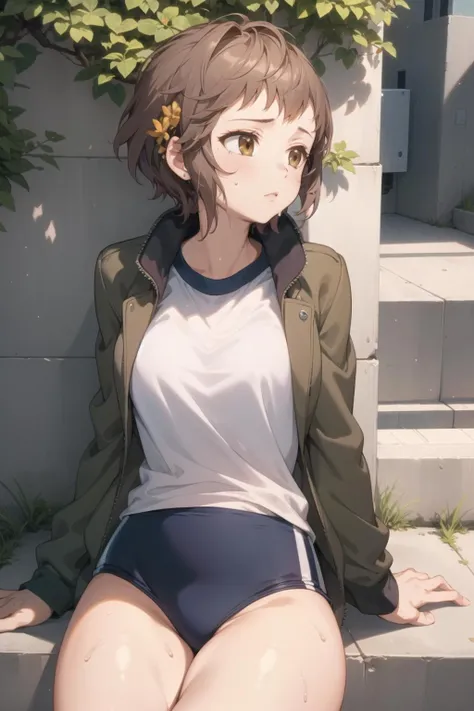 1girl, solo,
<lora:natsunominami-000012:1> natsunominami, jacket, gym uniform, buruma, brown eyes,
sitting, outdoors, tired, sweat