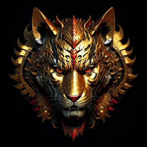 A w44p3n of a gold and red tiger on a black background