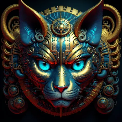A w44p3n of a blue and golden cat with blue eyes in front of a black background