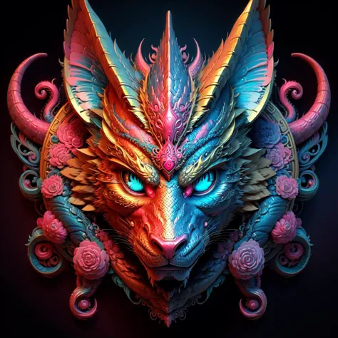 A w44p3n of a blue and gold and pink dragon with blue eyes in front of a black background