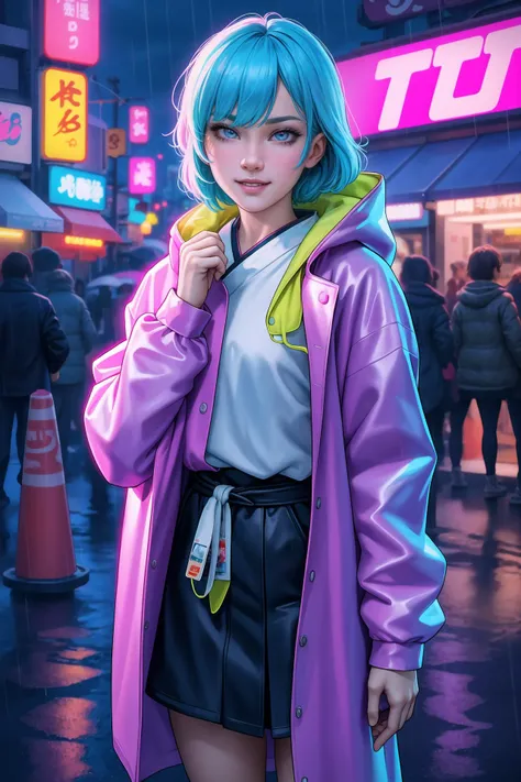 realistic, Analog style, vhs style, 8mm film, chromatic aberration, Dvd screengrab, from 1985 dark fantasy film, cinematic lighting, night city, 1girl, Japan, realistic, teen girl, smiling, cute face, harajuku fashion style, rain coat, beautiful, colourful, neon lights, cyberpunk, smooth skin, sideways glance, foreshortening, 8K, smooth, high resolution, highly detail eyes, highly detail mouth, highly detailed face, perfect eyes, both eyes are the same, glare, Iridescent, Global, high details, realsitic shadow