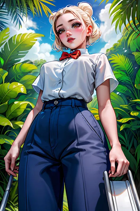 best quality,masterpiece,high resolution,igawa sakura,school uniform, white shirt, blue necktie, wristband, pleated skirt, bike shorts, shorts under skirt, white socks, loafers,perfect hand fingers