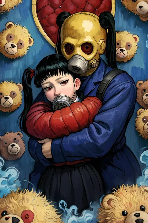 Darkness, horror, creepy, Very strong style of Vincent van Gogh, oil painting of disease, mine - type, mass - produced type, gas mask, cross, ribbon, heart, slanted eyes, twintails, thick coating, black hair, red eyes, hugging a teddy bear, art junji ito