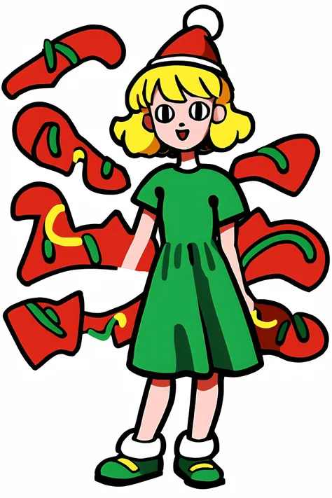 A very little cute girl full body, in a super big Christmas hat, long green dress, white background, doodle in the style of Keith Haring, sharpie illustration, fine lines and solid colors, simple details, minimalist