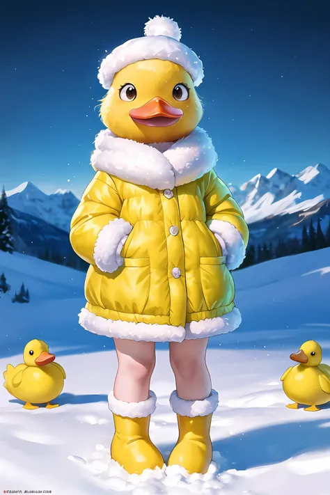 A small, soft and cuddly yellow duck standing on the snow with a cute hat, in the style of disney animation, Pure green background, soft illuination, very clean pictures, qian xuan, lively facial expressions, victor nizovtsev, 32k uhd, cute cartoonish designs, petrina hicks, , funny character design, 8k, highest quality