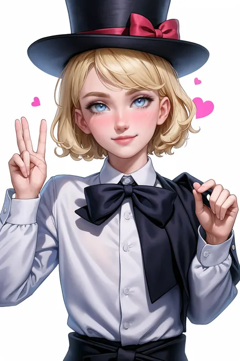 1girl, solo, looking at viewer, blush, smile, short hair, bangs, blue eyes, blonde hair, simple background, shirt, long sleeves, hat, white background, bow, closed mouth, jacket, white shirt, upper body, heart, collared shirt, bowtie, black jacket, head tilt, hands up, v, black headwear, black bow, top hat, double v