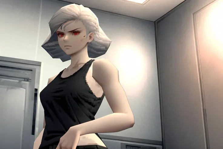 1girl, best quality, masterpiece, black tank top, white hair, black shorts, military gear, indoors, mgs1, dynamic pose, red eyes,  <lora:mgs1:1>