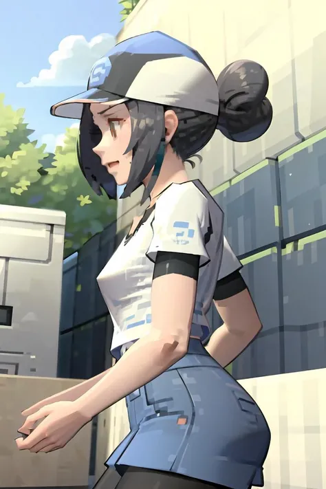 mgs1,1girl,bettiepm,side bangs,single hair bun,black hair,baseball cap,tshirt,blue shorts,black pantyhose,white t shirt,<lora:Bettie:0.7>, <lora:mgs1:1>