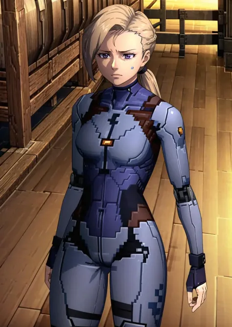 (1girl, alternate hair color long hair split ponytail, purple eyes, , depressed) (digital) (in detailed wooden bridge, (cybernetic bodysuit, science fiction)) , best quality, <lora:boldline:0.2>  <lora:hairdetailer:0.2> mgs1, <lora:mgs11>