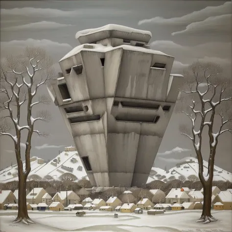 brutalism, eco brutalism, a painting of a snowy village with a tree and a hill in the background with a few houses on it, (giant concrete brutalist building /object/ on a hill in the distance:1.2), an oil on canvas painting, naive art, clolorful <lora:NaiveMonolith:1>