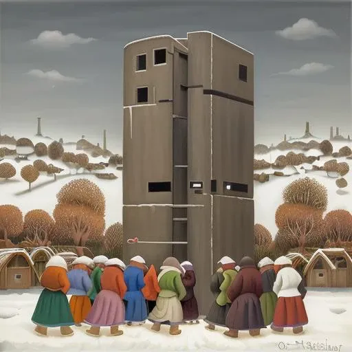 masterpiece, oil painting \(medium\), naive art, a remote village, people gathered around gigantic grey postmodern post soviet brutalist building \(object\), colorful, <lora:NaiveMonolith:1>