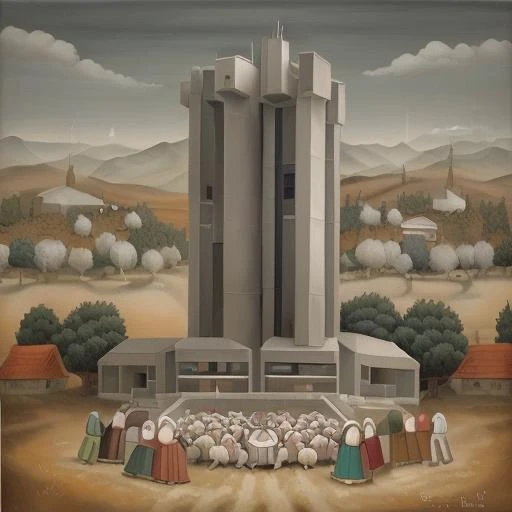 masterpiece, oil painting \(medium\), naive art, a remote village, people gathered around gigantic grey postmodern postsoviet brutalist building \(object\), colorful, <lora:NaiveMonolith:1>