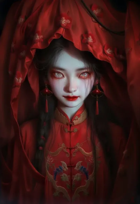 (((best quality, masterpiece, ultra-detailed))),(((high quality photography, Canon EOS R3, photorealistic))),horror art,darkness,Chinese horror,female,pale skin,red lipstick,traditional clothing,dark background,red rope,mysterious expression,close-up portrait,embroidered fabric,eerie atmosphere,ominous mood,supernatural elements,white pupils,ghostly bride,red wedding dress,red veil