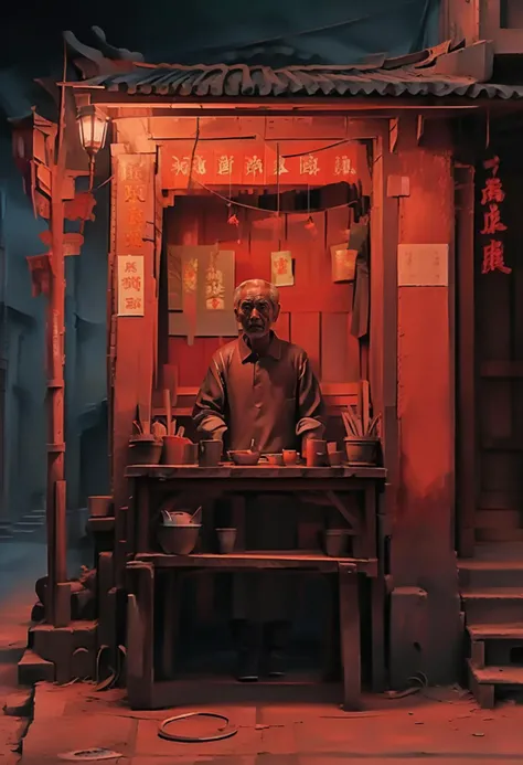 (((best quality, masterpiece, ultra-detailed))),(((high quality photography, Canon EOS R3, photorealistic))),horror art,dark,Chinese Horror,dark, Chinese Horror, Horror theme, eerie atmosphere, night time, sinister older male character, alleyway setting, digital art, red and orange color palette, menacing expression, vintage street lamps, makeshift wooden stall, urban decay, candlelight, ominous shadows, cobblestone street, unidentifiable location, tattered clothing, narrative element, fantasy horror genre, abandoned feel, dark fantasy, mysterious scene, aged textures,<lora:增加細節3:1>,